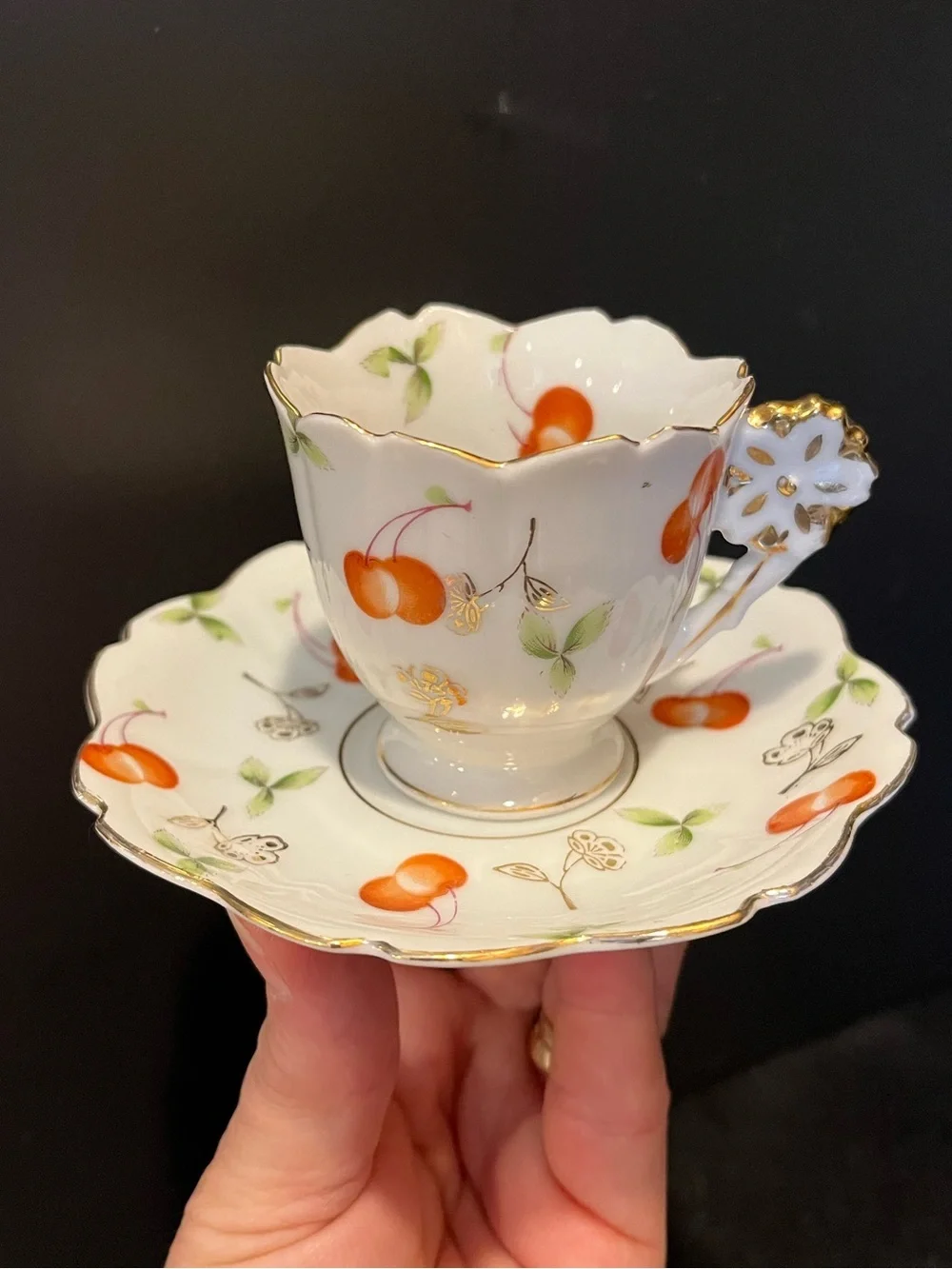 VTG Ucagco Demitasse Cup & Saucer with Cherry Motif & Gold Trim Made Occ. Japan